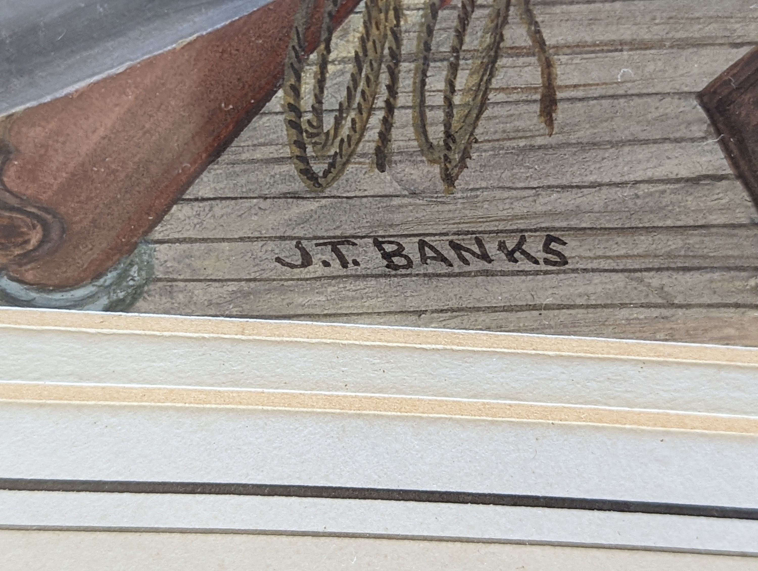 J.T. Banks (19th C.), watercolour and gouache, 'D'Ye Want Any Assistance', Barque Serena under jury rig in the North Pacific, Brigantine bearing down to offer help, May 1878', signed, 30 x 50cm